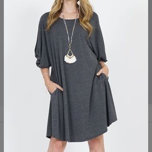✨Host Pick✨Charcoal Puff-Sleeve Pocket Shift Dress, S/M